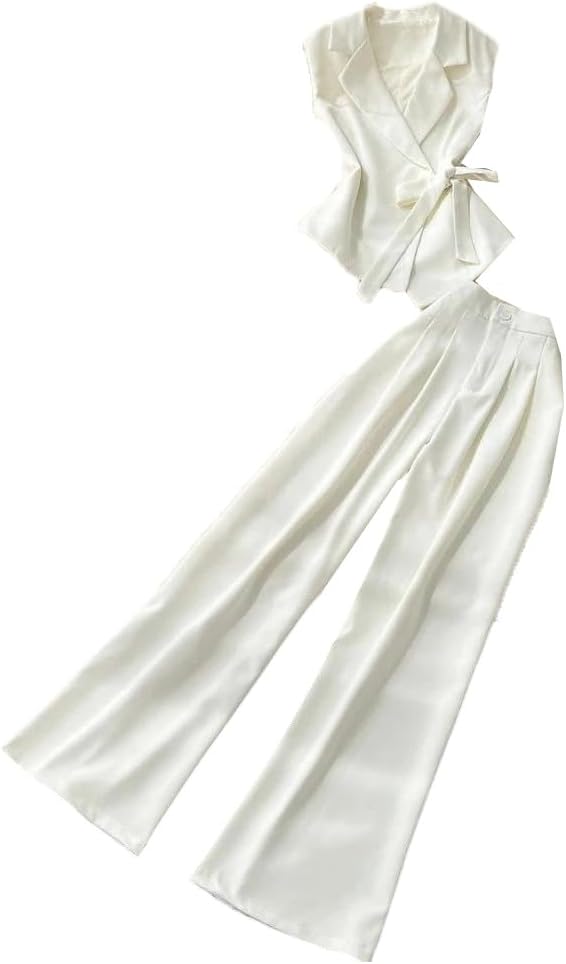 Womens Two Piece Sleeveless Coat and Pant Set Turn Down Collar Waistcoat Wide Leg Long Trousers Spring Outfit