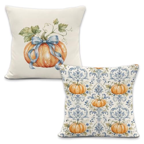 Yorhifa Chinoiserie Fall Pumpkin Decorative Pillow Covers, Blue Floral Fall Pumpkin Decorative Pillowcase, Autumn Thanksgiving Throw Pillow Covers for Home Bedroom Living Room Decor, 18x18 Set of 2