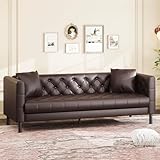 GarveeHome 81 in Leather Couch for Living Room, Modern Sofa Couch with Deep Seat and 2 Pillows, Handmade Button Tufted 3 Seater Sofa, Leather Sofa for Apartment, Office, Dark Brown