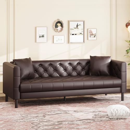 GarveeHome 81 in Leather Couch for Living Room, Modern Sofa Couch with Deep Seat and 2 Pillows, Handmade Button Tufted 3 Seater Sofa, Leather Sofa for
