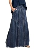 ebossy Falda Larga de Mezclilla para Mujer, Cintura elástica, Dobladillo Deshilachado, Acampanada, desgastada, Hippie, Larga, Azul Oscuro, XXL