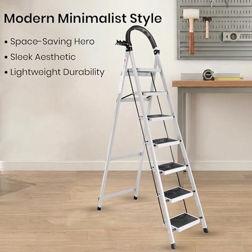 Image of Casa Copenhagen White 7 Step Ladder for Home Use with Built-in Tool Tray | Heavy Duty D Shape Rods | Ultra Large Platform | Wide Rubber Feet | 150Kg Capacity Foldable Ladder - 7 Years Warranty