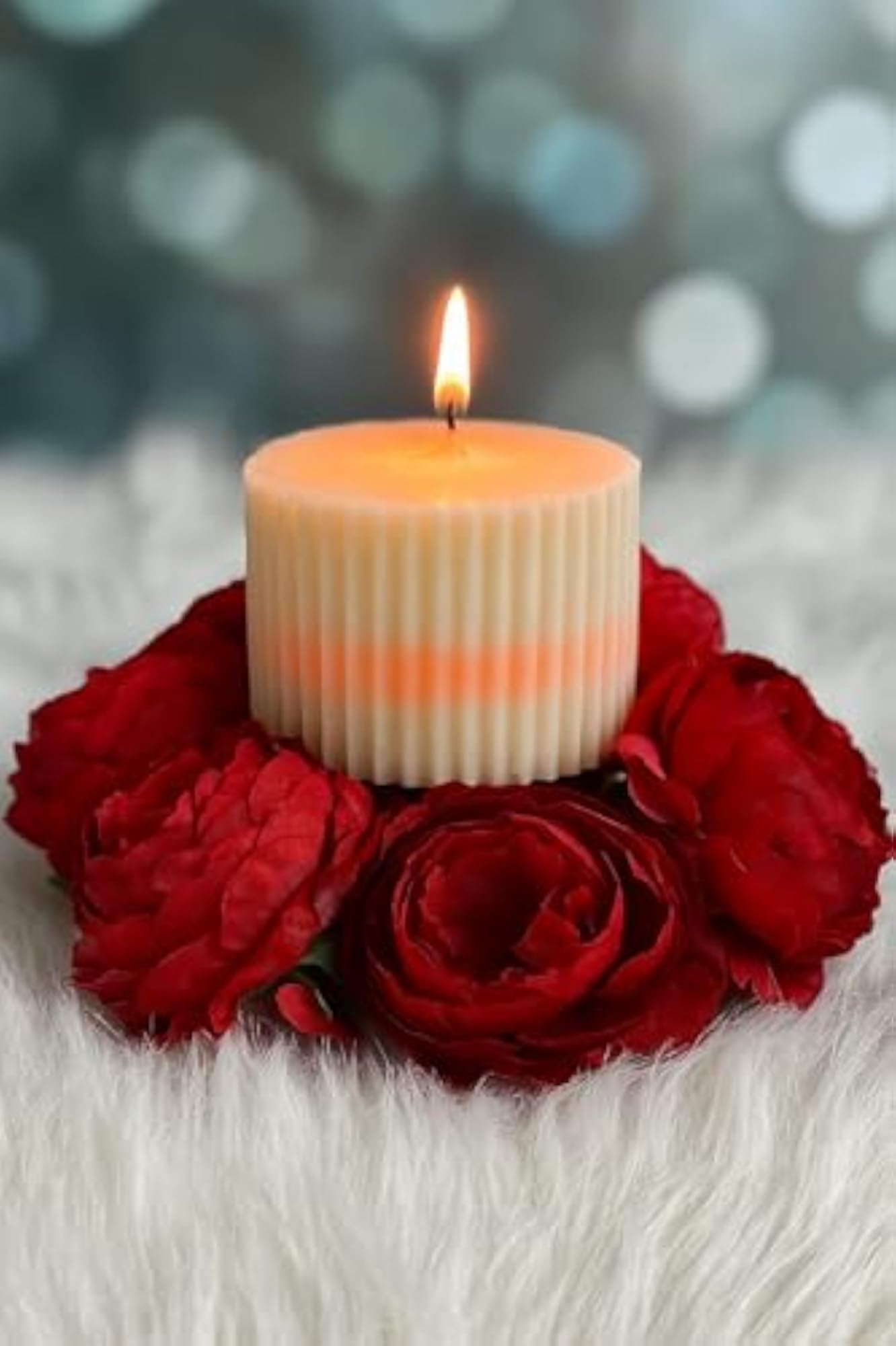 Decorative Ribbed Pillar Candle, White with Pink Gradient, Scented Wax