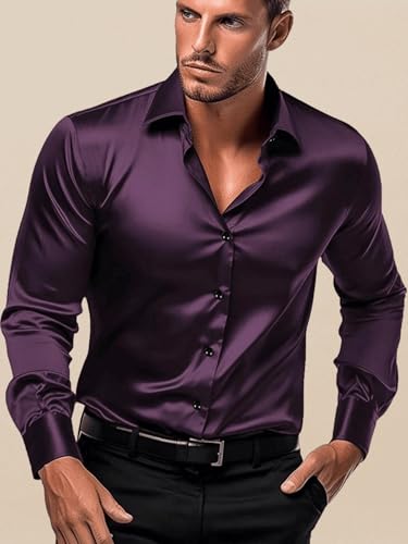 Image of IndoPrimo Men's Satin Shirt with Spread Collar Neck Line Solid Pattern Full Sleeves Regular Fit Western Style and Standard Length