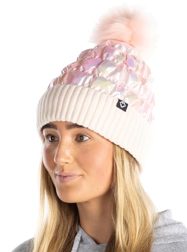 Funky Junque Women's Metallic Puffer Beanie Hat with Faux Fur Pom Pom, Fleece Lined Knit Cuff - Iridescent Pink