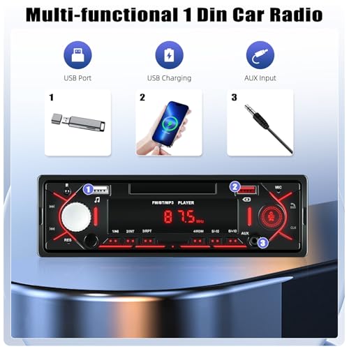GOHHDL Bluetooth Autoradio 1 DIN, Autoradio unterstützt FM-Radio, AUX/TF, USB-Wiedergabe und -Aufladung, Disc-Eingang, Zeitanzeige