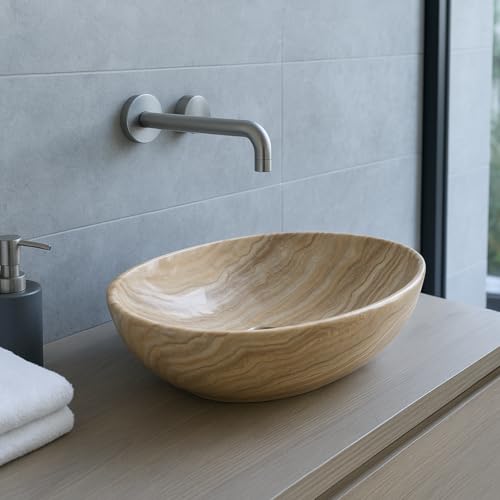 WITIT Lavabo lavandino lavello da appoggio in ceramica effetto marmo OVALE 42x33x15 cm MOD.6062 vari colori a scelta (Ambrato M3)