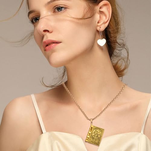 2pcs Holy Bible Book Pendant Necklaces Openable Prayer Bible Verse Metal Pages Inside Vintage Religious Christian Necklace Jewelry for Men Women Christmas 6