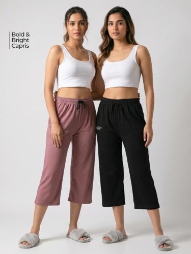 Image of Fflirtygo Women's Cotton Plain Calf Length Capri | Nightwear Short Pyjama | 3 /4th Solid Pyjama Pant | Regular Fit Casual & Lounge Wear Capri Combo (Pack of 2)