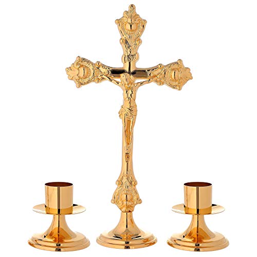 Altar Set with Cross and Candle-Bases in Brass, Smooth Base
