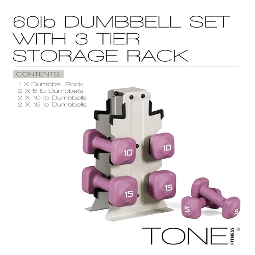 Image of Tone Fitness Neoprene Dumbbell Set with Storage Rack - Non-Slip, Anti-Roll Hand Weights for Home Gym Workouts | 20 lb, 32 lb, 50 lb, 60 lb & 100 lb Options