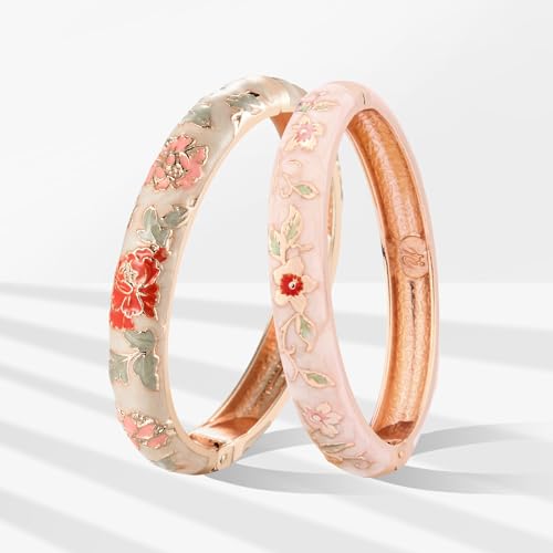 UJOY Vintage Bracelet Gold Plated Enameled Jewelry Spring Hinge Metal Cuff Cloisonne Bangles Set Gift Box Packed 55A2