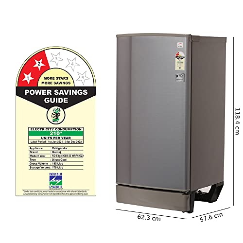 Image of Godrej 185 L 2 Star Direct Cool Single Door Refrigerator (RD Edge 200B 23 WRF JT ST, Jet Steel, Large Vegetable Tray, 2022 Model)
