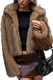 ELLEVEN Faux Fur Jacket Coat Women Winter Fluffy Warm Cropped Overcoat Furry Fuzzy Plush Shaggy Cardigan Casual Sexy Fashion Lapel Collar Long Sleeve Hidden Hooks Pockets Khaki Medium