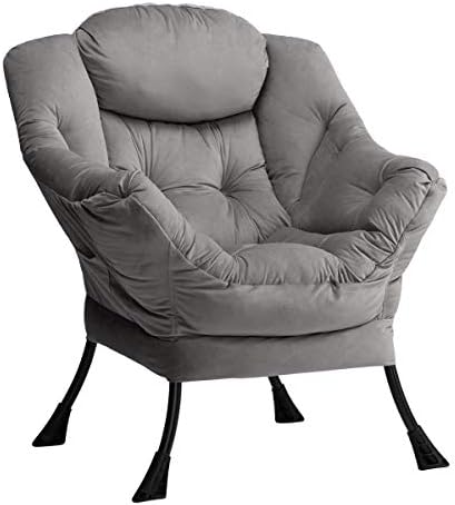 AcozyHom Modern Large Cotton Fabric Lazy Chair，Accent Contemporary Lounge Chair, Single Steel Frame Leisure Sofa Chair with Armrests and A Side Pocket, Smoky Grey