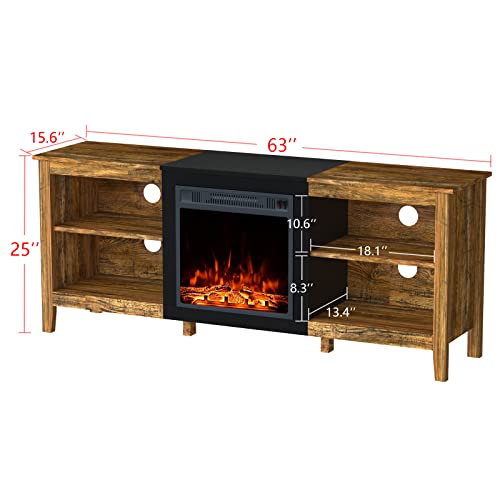 Fireplace Tv Stand Up To 70 Inch, Large Industrial Entertainment Center With Storage, Farmhouse Console Table With Electric Fireplace For Living Room, Rustic Brown #TOP6