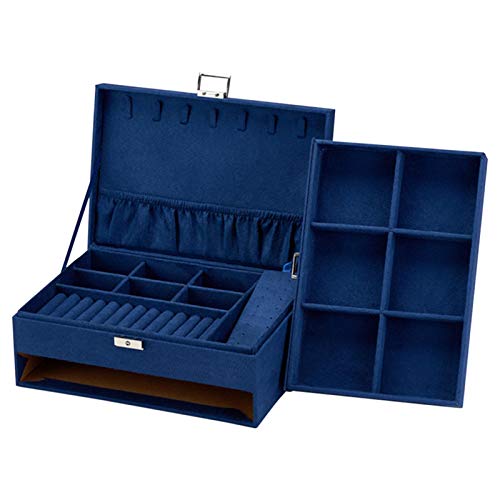 DELITLS Boîte à bijoux pour femmes et filles, grande boîte à bijoux en velours à 3 couches avec serrure, présentoir à bijoux pour boucles d'oreilles, colliers, montres de maquillage (bleu) Cover