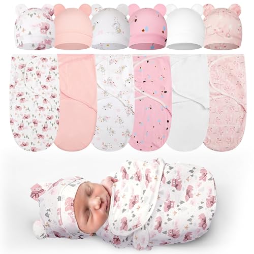 Image of Ramede 6 Pack Preemie Swaddle Blanket with Hats Sleep Swaddle for Baby Boy Girl Preemie Newborn Sacks Soft Cotton Wearable(Bear,Pink)