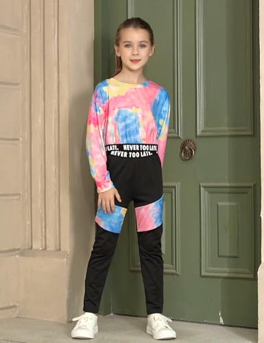 Image of Girls Clothes Tie-Dye Long Sleeve Sweatshirt Cool Patchwork Sweatpants 2 Piece Girls' Clothing Sets Size 6-14 Years
