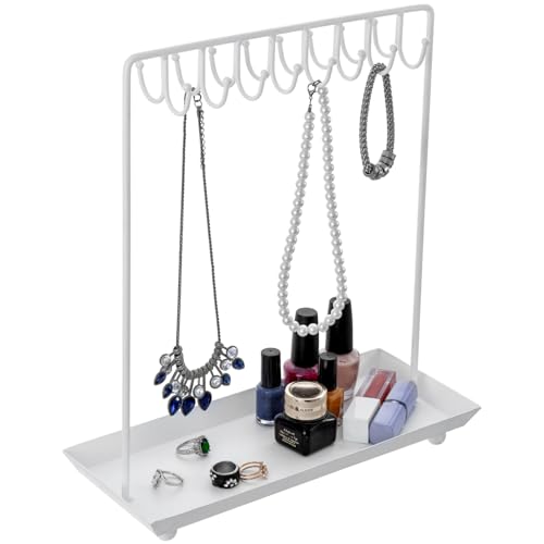 MyGift White Metal Jewelry Organizer Stand for Necklaces with 20 Hooks and Ring Tray