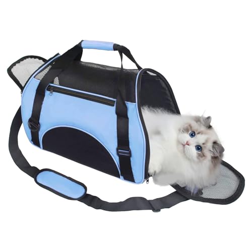 DAWOO Bolsa para Mascotas Plegable, Bolsa de Transporte para Perros y Gatos Aprobada por Aerolíneas, Bolsa para Perros Portátil, Adecuada para Viajan en Avión y Tren(Pequeño, Azul)