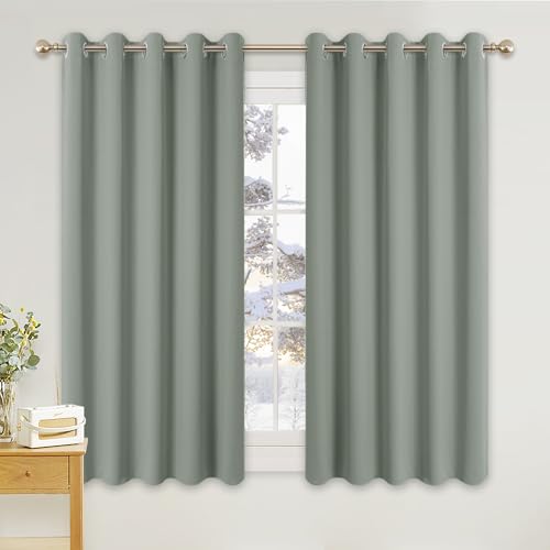 PONY DANCE Blackout Bedroom Curtains - Sage Green 54 Inch Drop Eyelet Curtains & Drapes Thermal Insulated Room Darkening Panels for Living Room, 66 x 63 Inches, 2 Panels