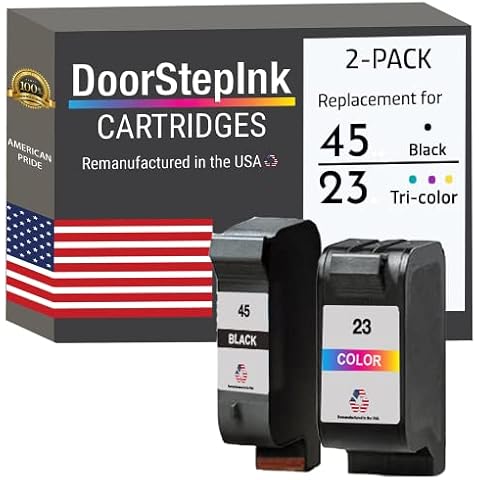 DoorStepInk Remanufactured in The USA Ink Cartridge Replacements for HP 45 51645 51645A Black & HP 23 C1823D Tri Color Combo Pack for HP Printer Color Copier 110 120 140 145 150 155 160 170 Cover