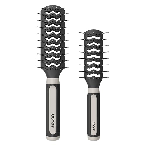Conair Grip & Lift Vent Hairbrush, Full-Size and Mid-Size Brush Set, Nylon Bristle Hair Brushes for Blowout Styling, Value Pack, Color May Vary