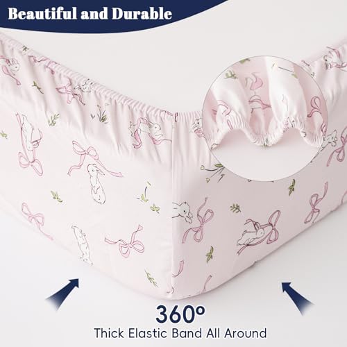 Image of PHF Soft Bassinet Sheet Set, 2 Pack Silky Comfy Breathable Cradle Sheets for Baby Girls, Univeral Fit for Most Oval Rectangle Cradle and Bassinet Mattress /Pad, Rabbit & Floral