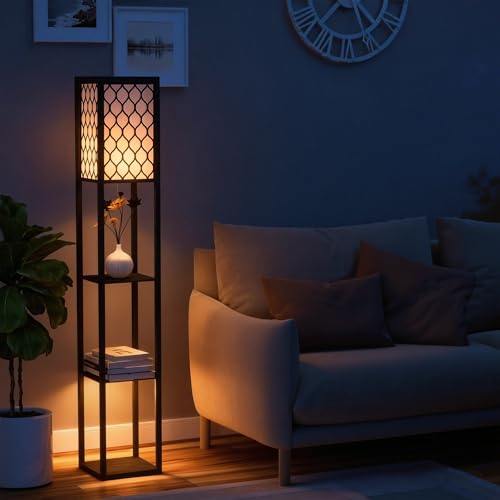 Lampada da Terra 2 in 1 Salvaspazio con 3 Ripiani, Lampada Moderna da Salotto, Soggiorno e Ufficio, Attacco E27, 26 x 26 x 160 cm, Nero Bianco