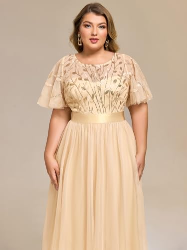 Image of Ever-Pretty Plus Women's Round Neck Embroidery Short Sleeves Sequin Tulle Midi Plus Size Cocktail Wedding Guest Dresses Gold US20