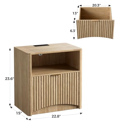 Image of Evermagin Fluted Nightstand Set of 2 with Charging Station, Natural Oak Bedside Table with Drawer and Storage, Wood End Table Mid Century Modern, Large Night Stand for Bedroom