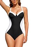 SHEKINI Donne Pancia Controllo Dimagrante Colore Blocco Costume da Bagno Sexy Crisscross Indietro Un Pezzo Costumi da Bagno, Nero, L