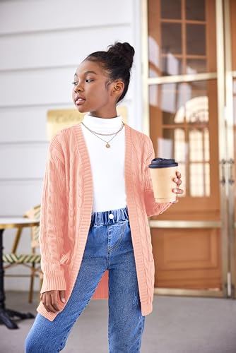 Image of Arshiner Girls Open Front Cardigan Long Sleeve Casual Kids Fall Clothes Solid Thick Chunky Sweater Coat with Pockets