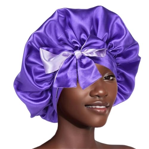 Bonnet en satin double couche violet pour soins capillaires et nuit