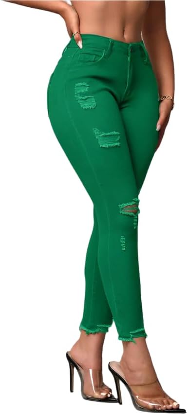 Women's Ripped Skinny Cropped Jeans – Curved Fit, Cotton Blend