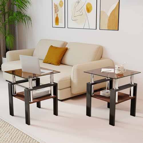 Image of Meihua Glass End Table, Square Glass Side Table, 2-Tier Modern Nightstand with Metal Legs for Living Room&Bedroom (Brown+Brown, Set of 2)