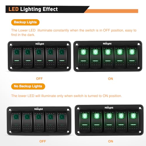 Image of Nilight 5 Gang Rocker Switch Panel SPST On Off Toggle with DIY Label Sticker | 5PIN Electrical 12V /20A 24V /10A Aluminum Plate with Pre-Wired Jumper Wires for LED Light Bar RV Boats 4X4 Cars Green