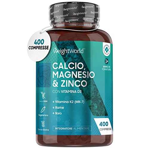 Calcio Magnesio Zinco + Vitamina D3-400 Compresse Divisibili per 1+ Anno - Integratore di Calcio con Vitamina K2, Manganese, Rame, Selenio e Boro - Zinco Integratore con 9 Vitamine e Minerali