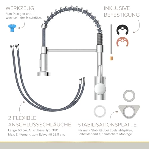 Lenz Küchenarmatur NOVA Chrom – mit verstellbarer Pendelbrause & 360° schwenkbaren Auslauf – hochwertige Markenkartusche – 46070902