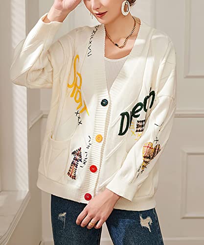 Image of utcoco Womens Open Front Cardigan Cable Knit Long Sleeve Button Down Embroidery Cardigan Sweaters
