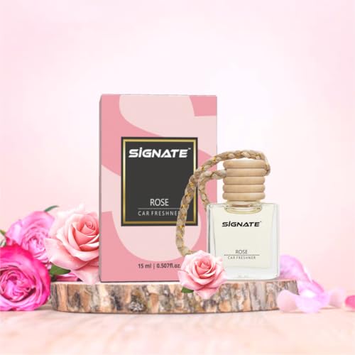 Image of Signate Car Perfume with Essential Fragrance Oils | Car Air Freshener Car Accessories for Interiors, car fresheners with Automatic Dispenser Wooden Lid - 15ml (Rose)