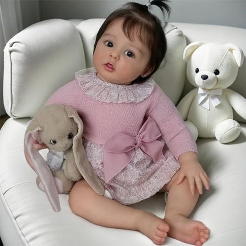 DOYSDJH Reborn Baby Mädchen 22 Zoll 55cm, Lebensecht Reborn Baby Vollsilikon Rosa Kleid Mit Spitzenkragen, Weiche Stoffpuppe Mit PlüSchtier, Sammler- Und Spielpuppe Reborn Babypuppe Mit Zubehör – Bild 6