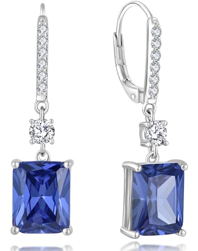 YL Blue Tanzanite Emerald Cut Dangle Earrings for Women Solid 925 Sterling Silver 18K White Gold Plated Created Birthstone Princess Halo Leverback Jewelry Gifts
