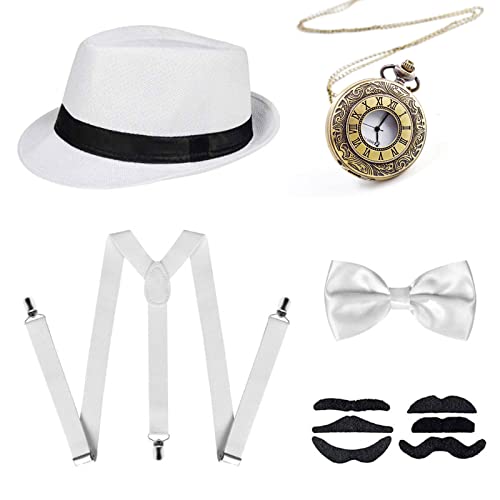 NITAIUN 1920er Herren Zubehör, Mafia Karneval Kostüm Herren, Great Gatsby Kostüm Set, 20er Jahre Accessoires, mit Panama Hut Taschenuhr Verstellbar Hosenträger Fliege Falscher Bart (Style F)