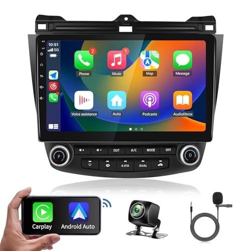 for Honda Accord Car Radio Stereo 2003-2007, 10.1 inch Wireless Carplay & Android Auto Touchscreen with Bluetooth 5.0 GPS Navigation WiFi AM/RDS Head Unit Upgraded,Camera Pantalla para