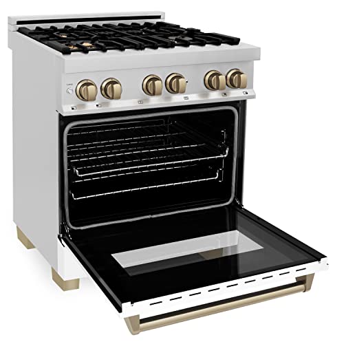 Zline Autograph Edition 30" 4.0 Cu. Ft. Dual Fuel Range With Gas Stove And Electric Oven In Stainless Steel With White Matte Door And Champagne Bronze Accents (Raz-Wm-30-Cb) #TOP1