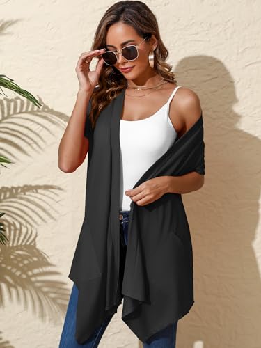 Image of Women's Lightweight Open Front Cardigans Short Sleeve Casual Soft Sheer Cardigan S-2XL with Pockets