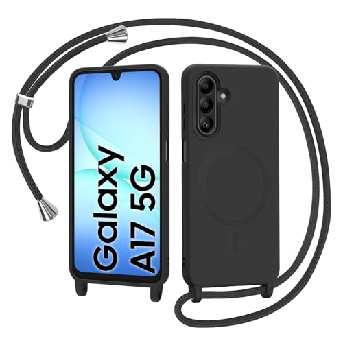 AOMYKE Magnética Funda para Samsung Galaxy A17 5G con Cuerda, Compatible con Magsafe Silicona Carcasa con Cordón Correa Colgante Ajustable Collar Correa Teléfono Case Cover, Negro