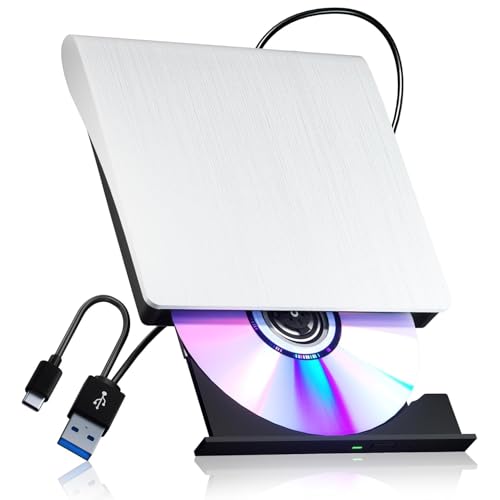 Unidad de DVD externa USB 3.0 tipo C, grabadora de CD y DVD, grabadora para laptop, PC, Mac, compatible con Windows 11/10/8/7, reproductor de disco óptico portátil Plug and Play (blanco)